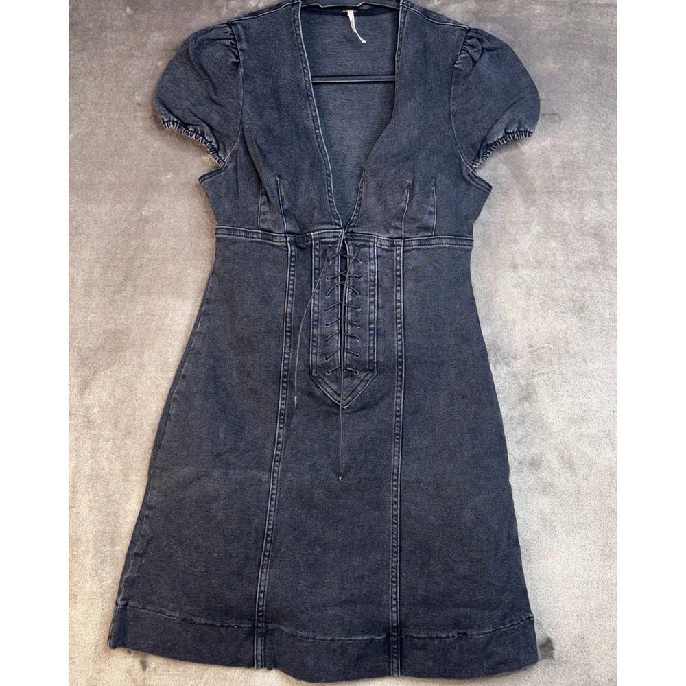 Free People Denim Mini Dress Womens 0 Gray Cotton Lace Up Puff Sleeve‎ V-Neck